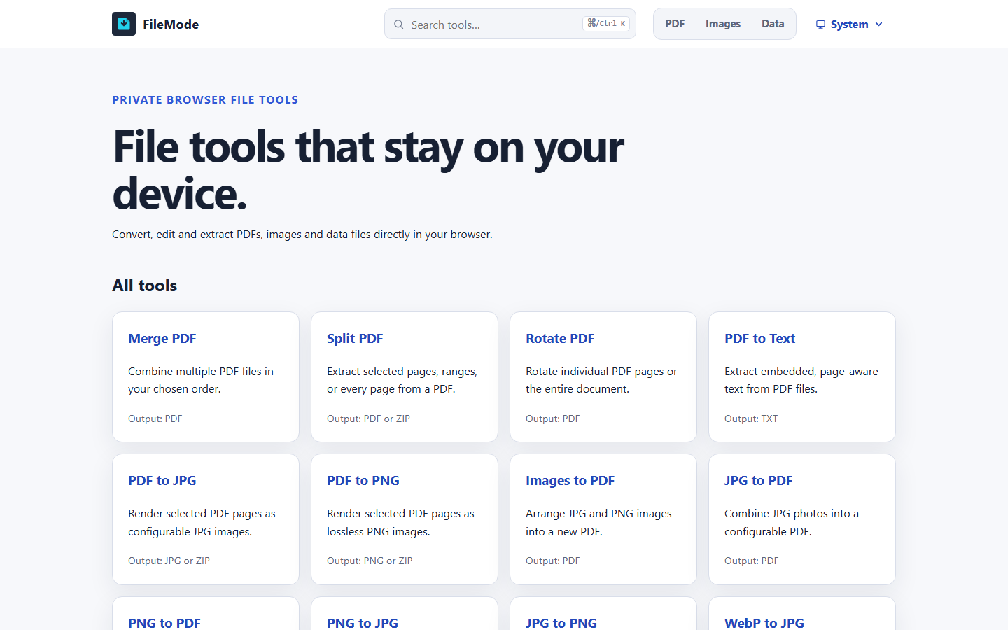 FileMode homepage showing the private browser file-tool catalog and global tool search